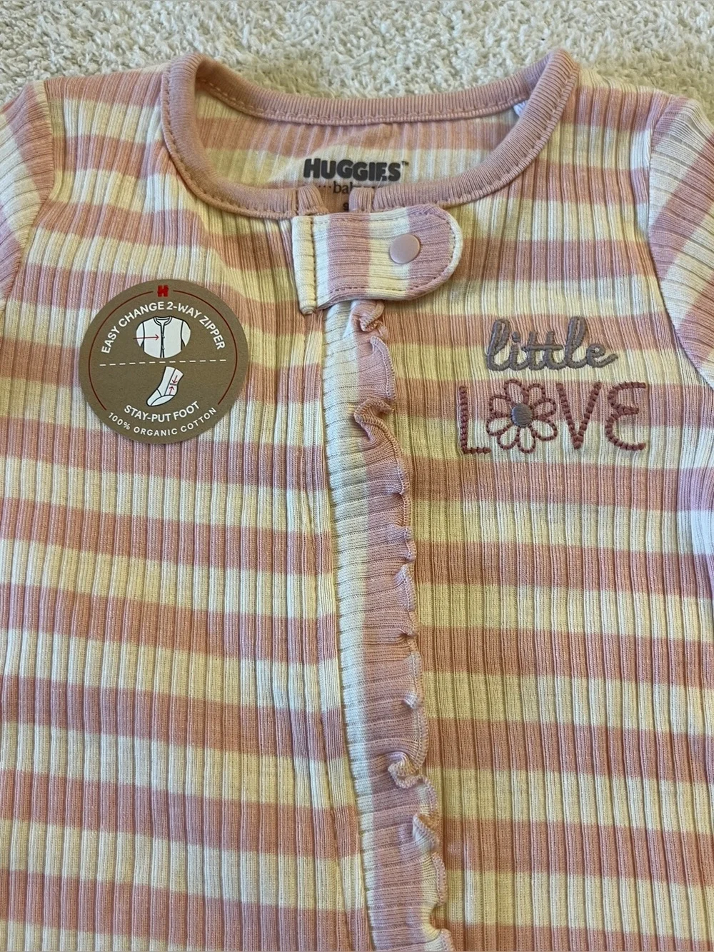 Huggies Little Love Organic Cotton Footed Sleeper NWT 9M Pink Stripe Ruffle
